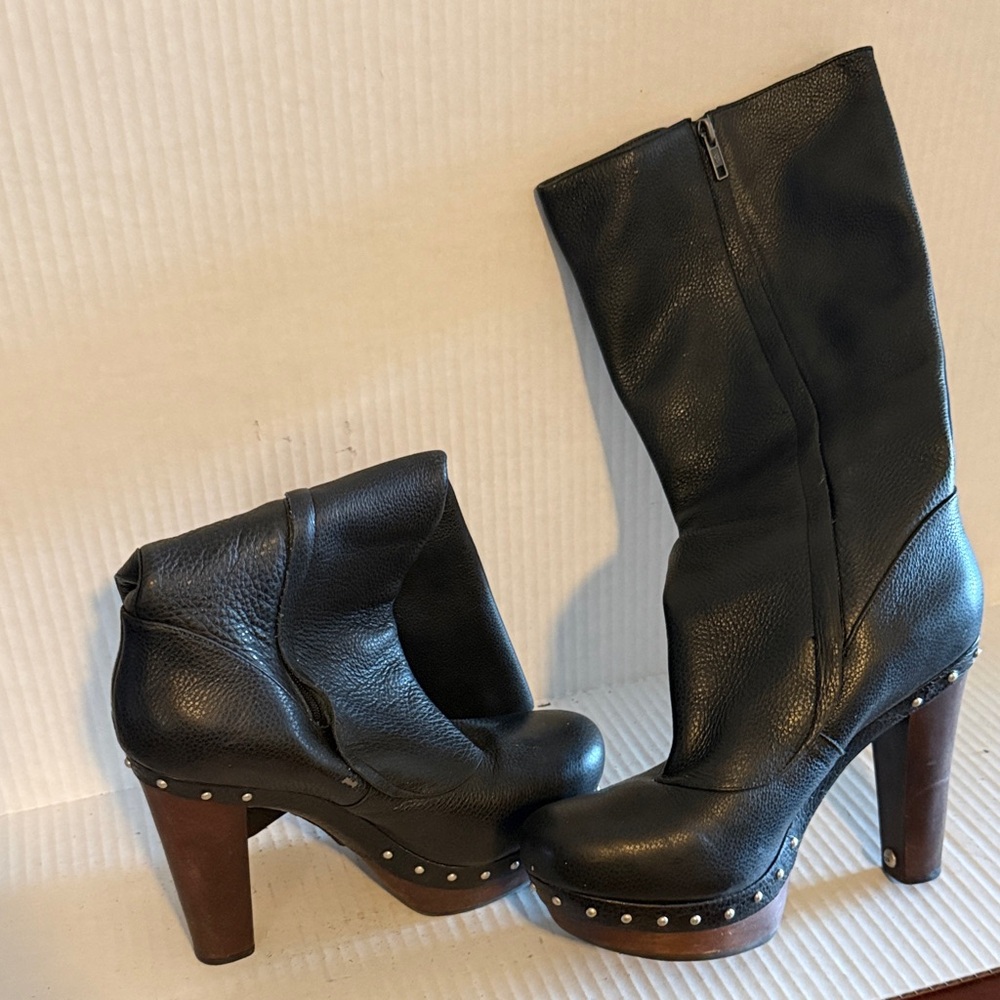 UGG Black Leather Heeled Boots